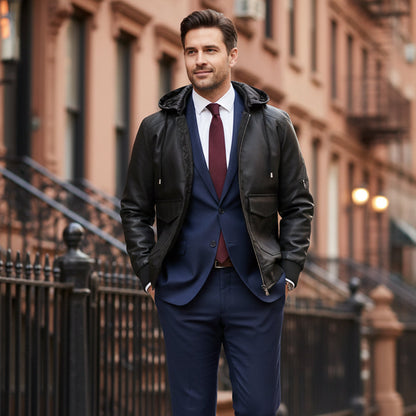 Premium Mens Black Leather Padded Jacket with Hood