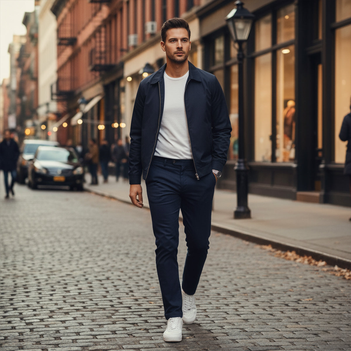 Navy Blue Casual Mens Suit Jacket Pants Set