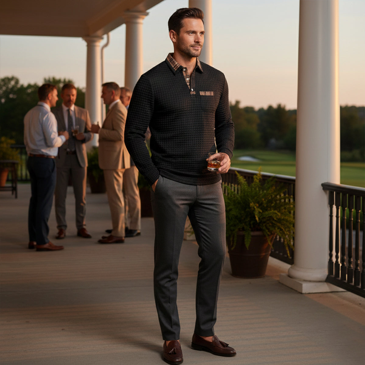 Classic Men's Waffle Polo Sweater with Checked Collar