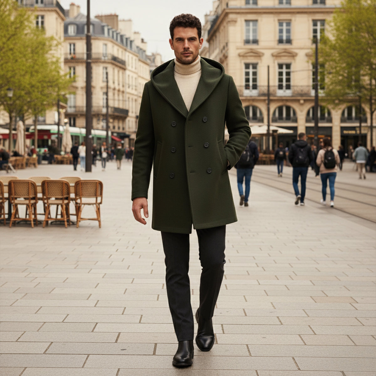 Classic Double Breasted Men's Hooded Trench Coat