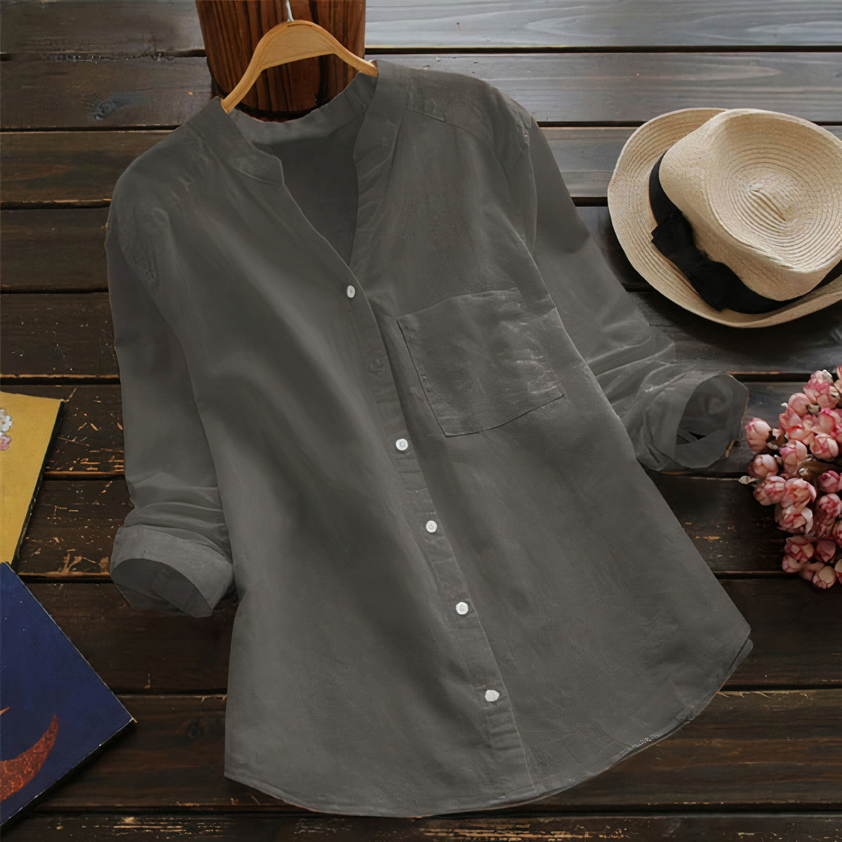 Light Cotton Linen Women's Blouse – Maëlle-Gray-S-State of Style