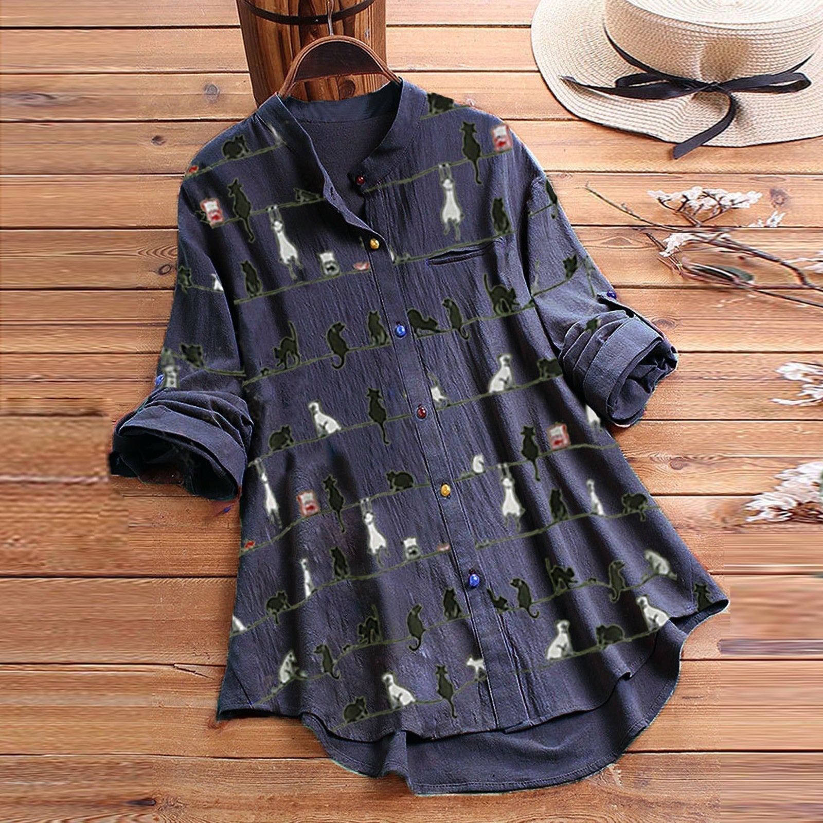 Light ladies' blouse with cat motif & button placket - Kaja-Black-S-Nora Luxe