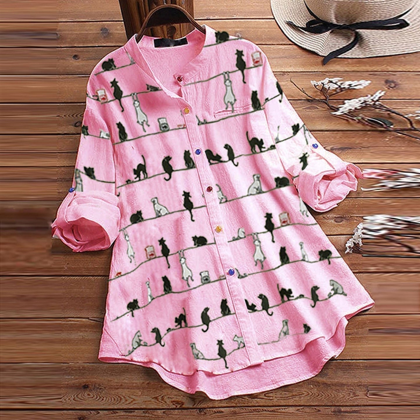 Women's Cute Cat Print Blouse - Pexav