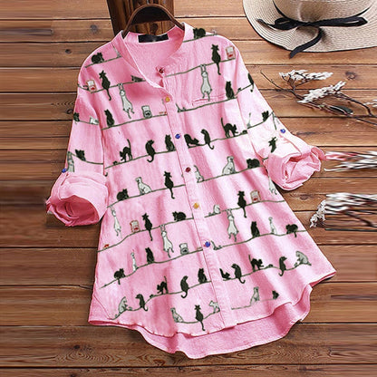 Women's Cute Cat Print Blouse - Pexav