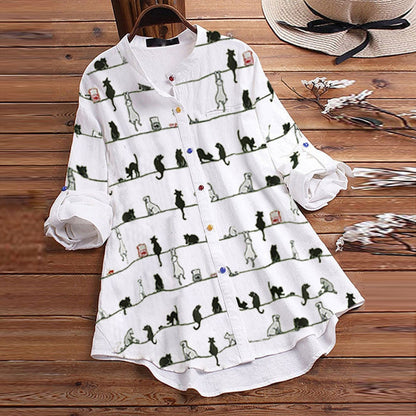 Light ladies' blouse with cat motif & button placket - Kaja-White-S-Nora Luxe