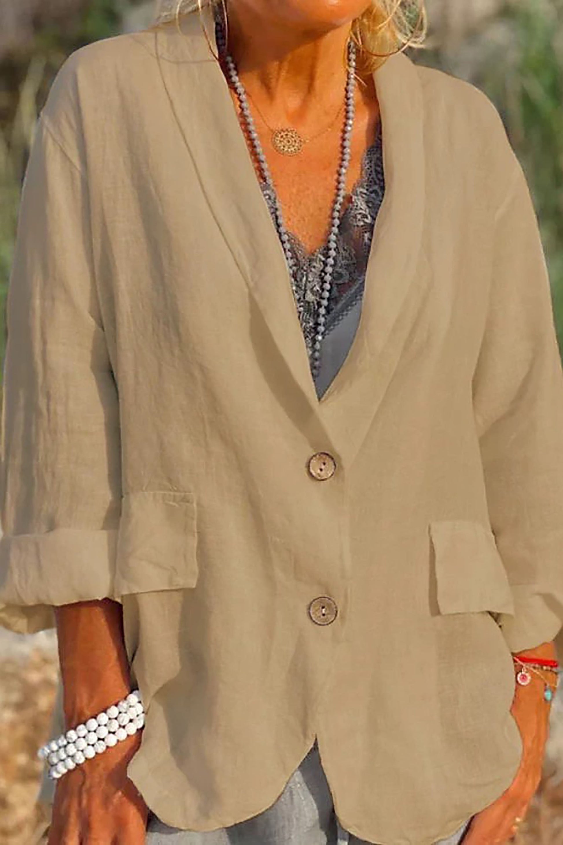 Light linen blazer for women with buttons – Clara-Khaki-S-Nora Luxe