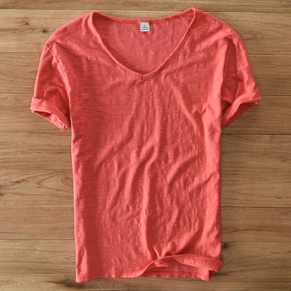 Light Linen V-Neck Shirt for Men – Breathable & Summery – Thilo-Red-M-Nora Luxe
