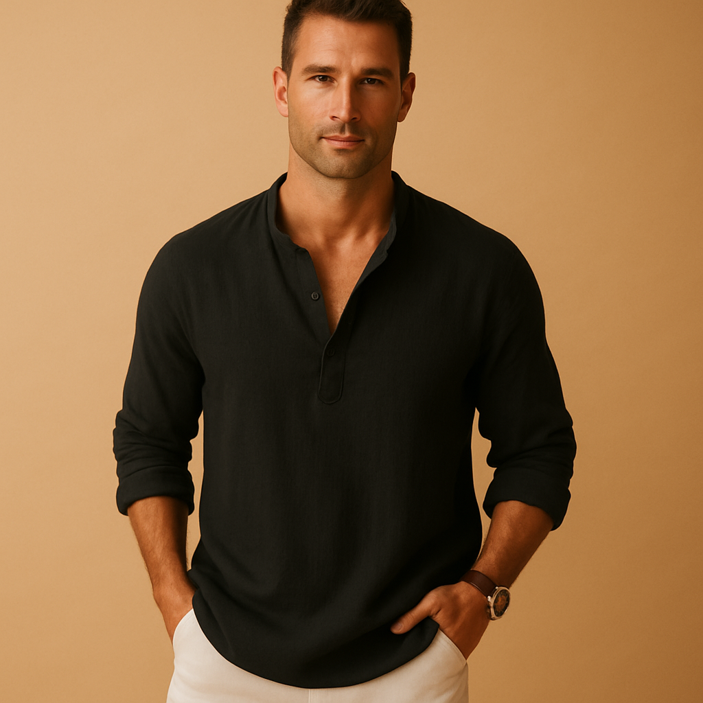 Men’s light long sleeve V-neck shirt with modern fit, ideal for summer, work, and casual evening wear.