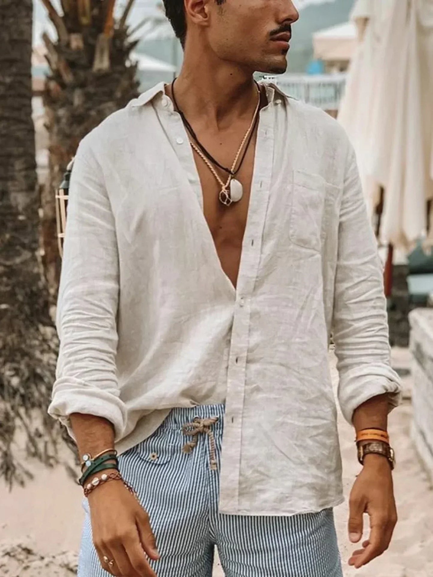 Light men's linen shirt with button placket – Fabio-White-S-Nora Luxe