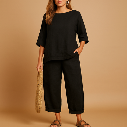 Light two-piece set for women with loose shirt and ankle-length pants, perfect for summer days, lounging, or casual wear.
