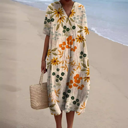 Light summer flower dress for women with V-neck and comfortable cut – Talia-Flowers-S-Nora Luxe