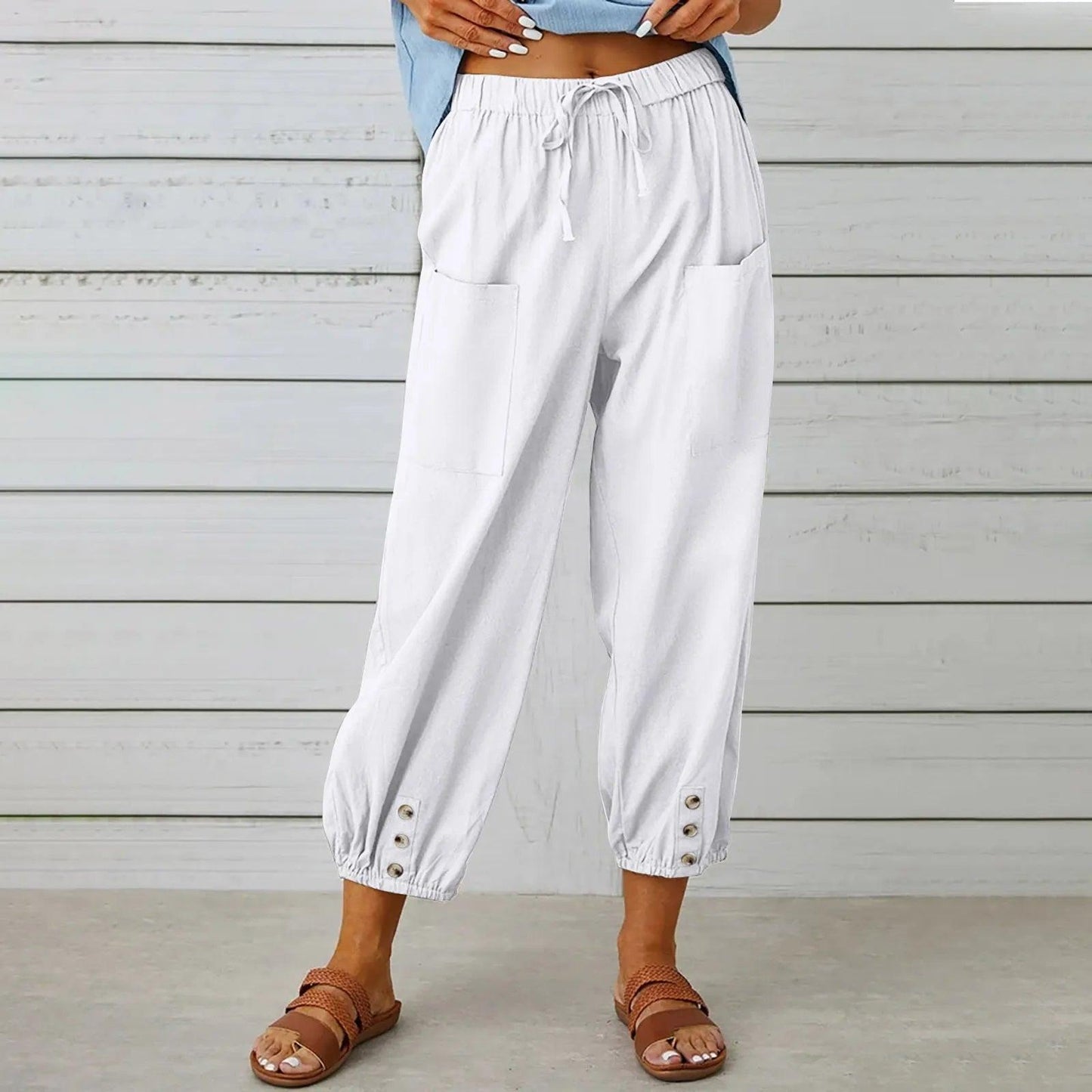 Light summer linen trousers with drawstring & wide cut – Mira-White-S-Nora Luxe