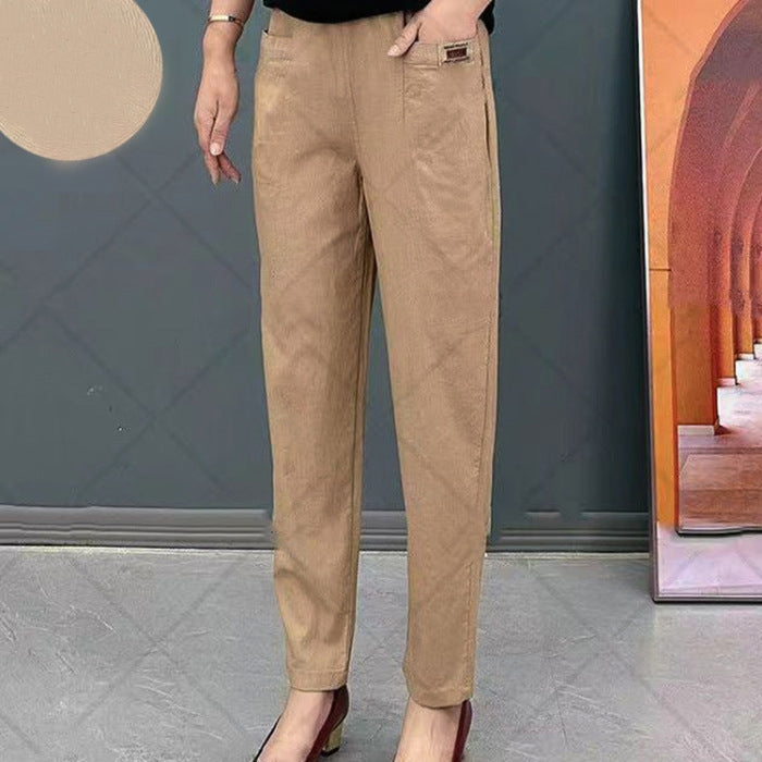 Light summer trousers made of cotton with stretch waistband – Linnea-Khaki-M-Nora Luxe