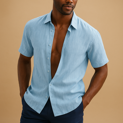 Men’s lightweight breathable shirt in black, khaki, pink, sky blue, and white, ideal for casual and business wear.