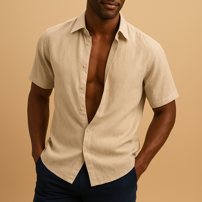 Men’s lightweight breathable shirt in black, khaki, pink, sky blue, and white, ideal for casual and business wear.