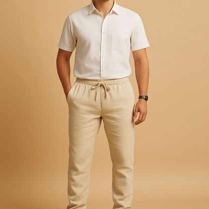 Men’s lightweight casual pants with loose fit and breathable fabric, perfect for summer, beach, or elegant casual occasions.