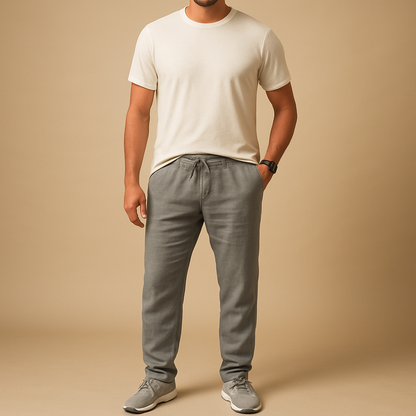 Men’s lightweight casual pants with loose fit and breathable fabric, perfect for summer, beach, or elegant casual occasions.
