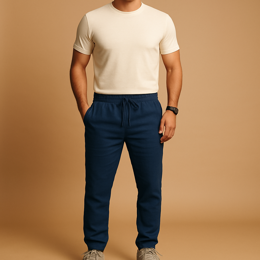 Men’s lightweight casual pants with loose fit and breathable fabric, perfect for summer, beach, or elegant casual occasions.