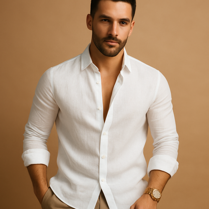 Men’s lightweight casual shirt with breathable fabric and classic fit, ideal for warm days and formal occasions.