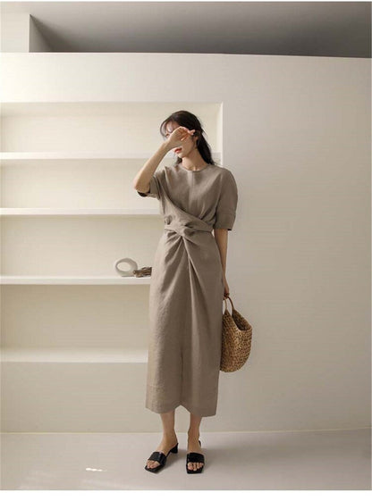 Lightweight Khaki Summer Dress with Adjustable Waist – Isalie-XS-State of Style