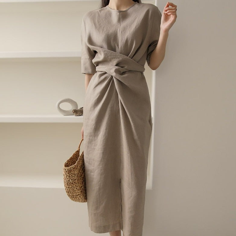 Comfy Beige Sundress with Elastic Waist - Pexav