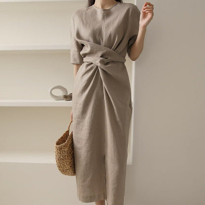 Comfy Beige Sundress with Elastic Waist - Pexav