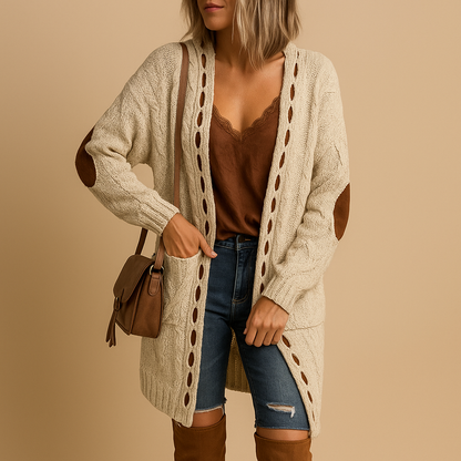 Women’s lightweight knitted cardigan with hood in neutral tones, designed with long sleeves and breathable fabric for casual or semi-formal outfits.