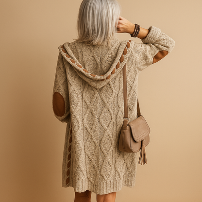 Women’s lightweight knitted cardigan with hood in neutral tones, designed with long sleeves and breathable fabric for casual or semi-formal outfits.