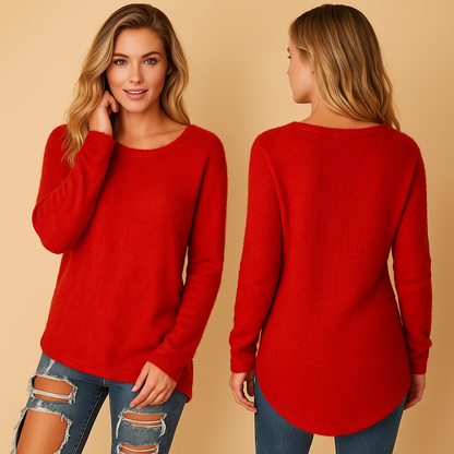 Women’s lightweight knitted sweater with round neck in breathable cotton blend, relaxed fit, and long sleeves, ideal for layering in spring, summer, or autumn.