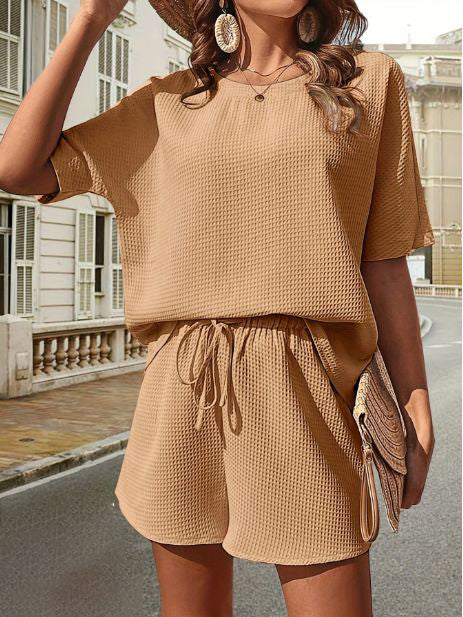 Lightweight Ladies Summer Set with Top and Shorts – Ninae-Khaki-S-State of Style