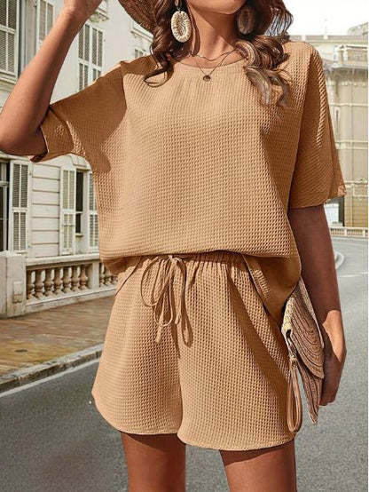 Lightweight Ladies Summer Set with Top and Shorts – Ninae-Khaki-S-State of Style