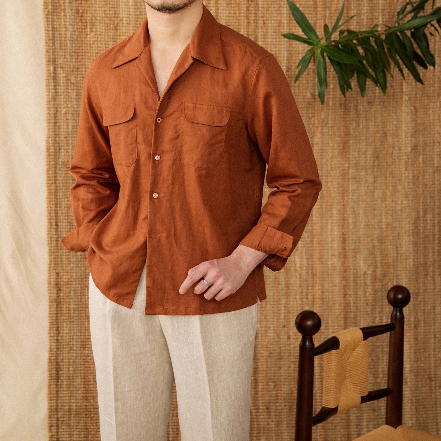 Relaxed Fit Linen Mens Shirt with Spread Collar - Pexav