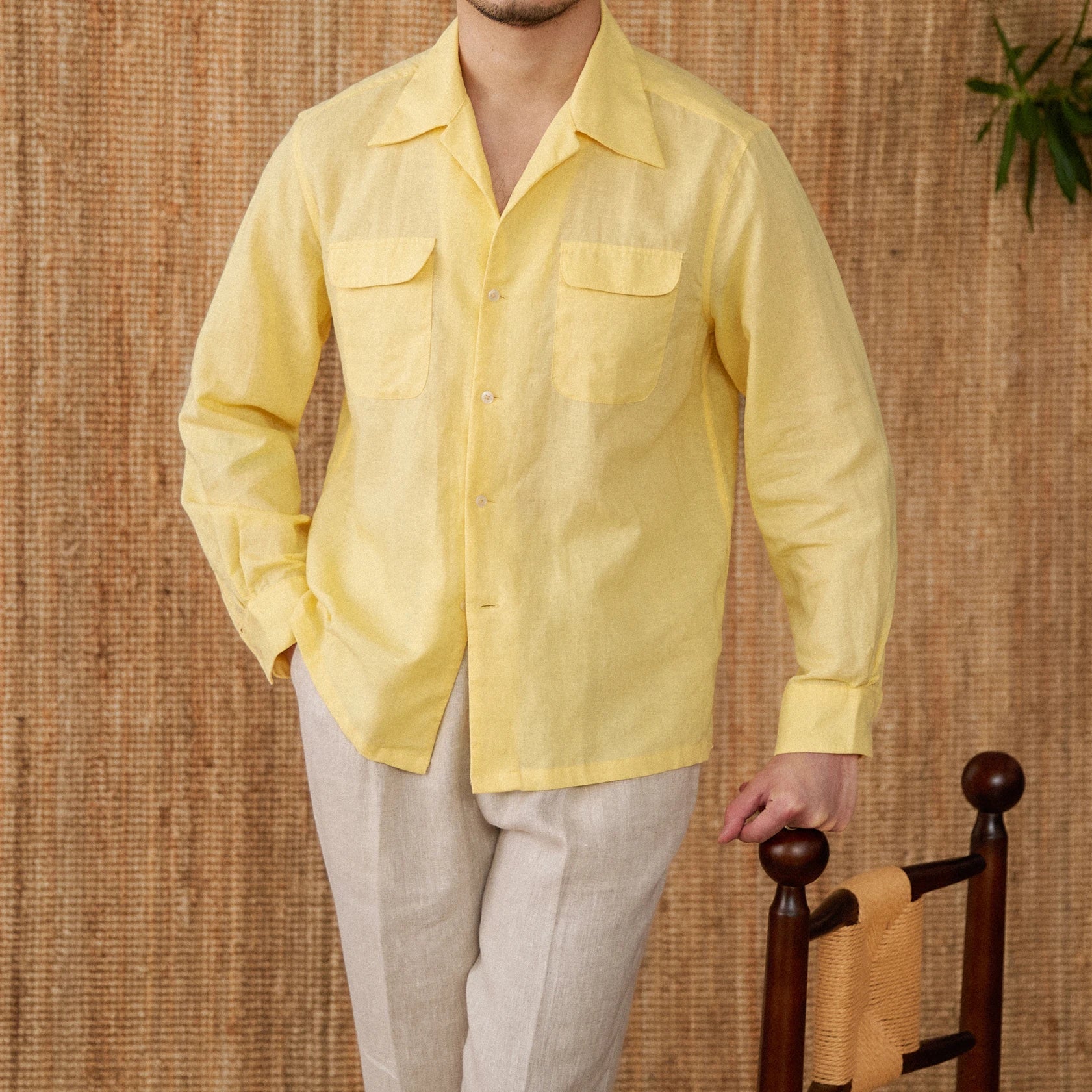 Lightweight men's shirt made of linen with Cuban collar and long sleeves – Mateo-Yellow-S-Nora Luxe