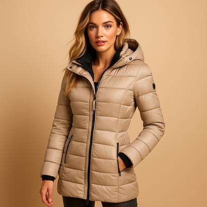 Lightweight quilted puffer jacket for women with sustainable natural filling, available in vibrant seasonal colors for autumn, winter, and spring.