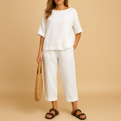 Lightweight shirt and ankle-length pants set for women in airy fabric, perfect for summer comfort and stylish everyday wear.