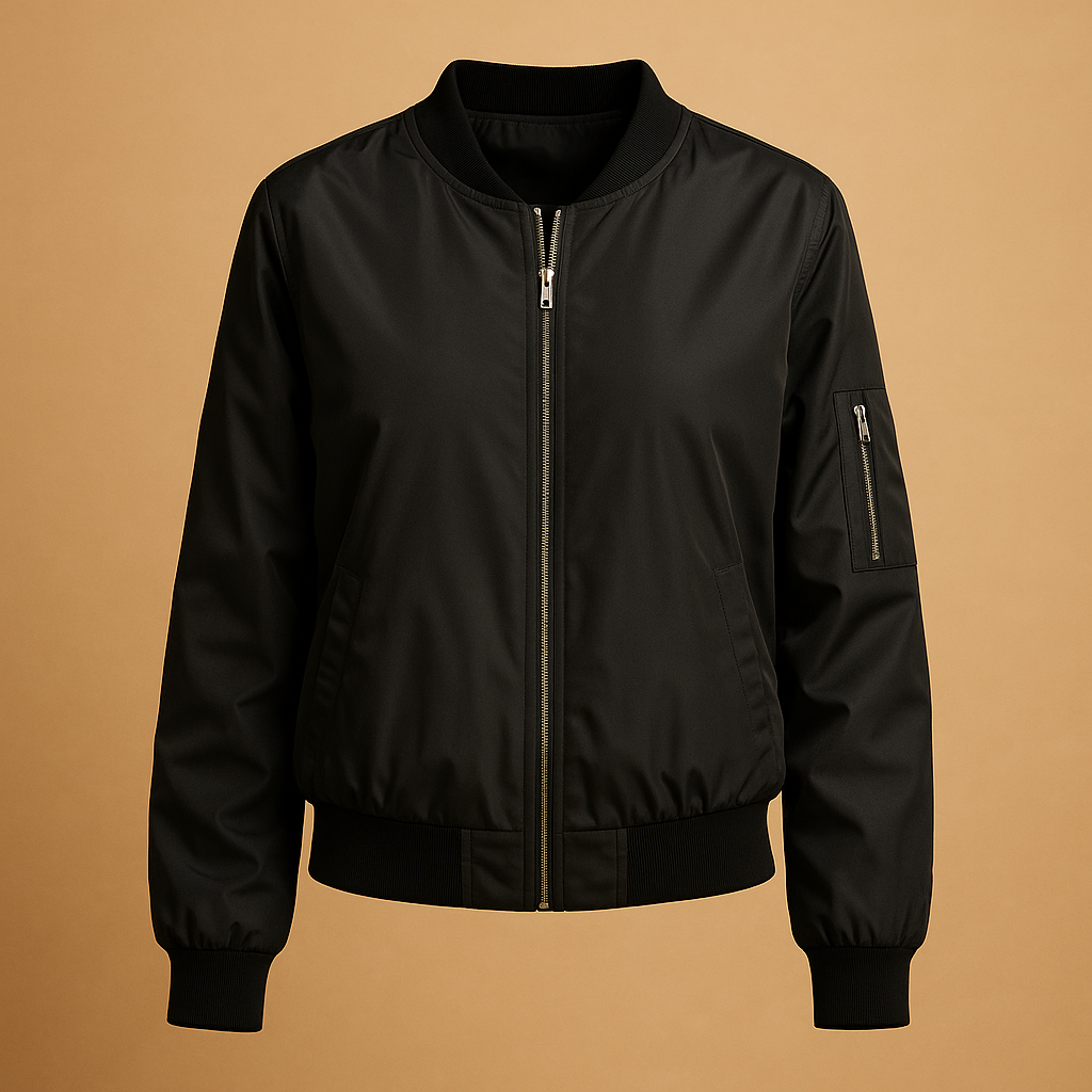 Lightweight summer bomber jacket for women with zipper and side pockets, ideal for casual looks and cooler summer days.
