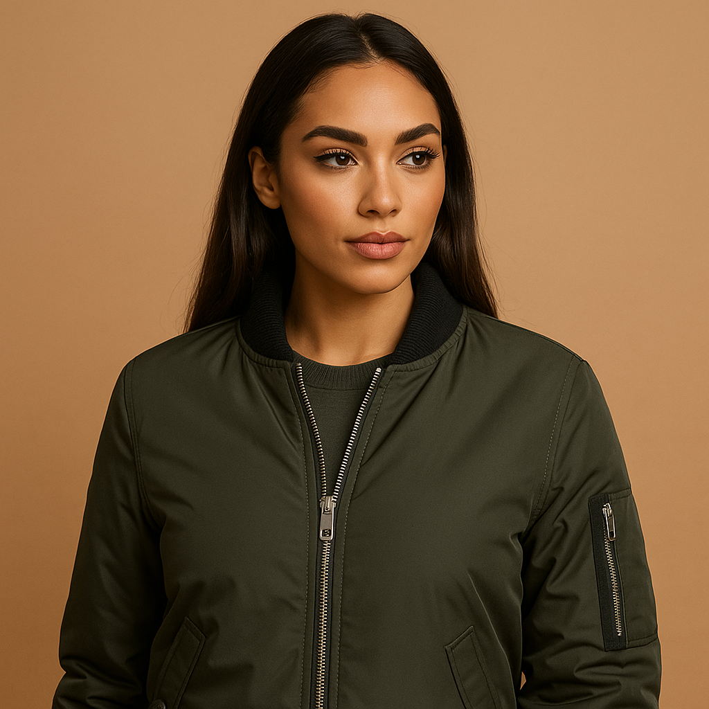Lightweight summer bomber jacket for women with zipper and side pockets, ideal for casual looks and cooler summer days.