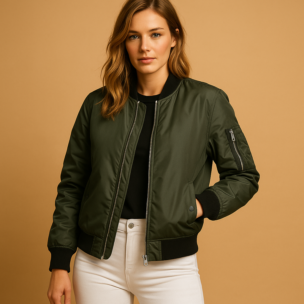 Lightweight summer bomber jacket for women with zipper and side pockets, ideal for casual looks and cooler summer days.
