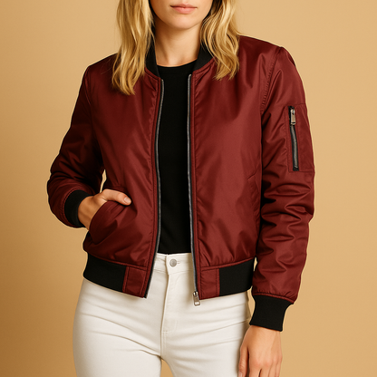 Lightweight summer bomber jacket for women with zipper and side pockets, perfect for casual or chic warm-weather outfits.