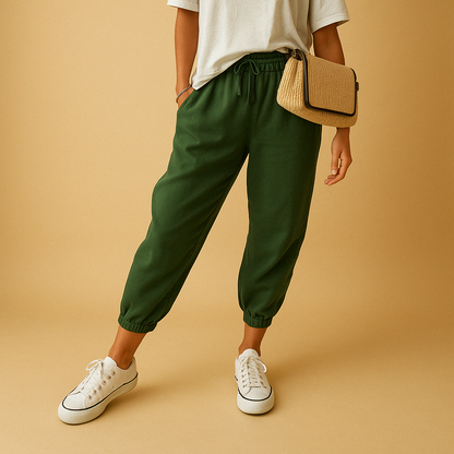 Women’s lightweight summer pants with breathable fabric and loose fit, available in beige, white, green, blue, and black. Perfect for warm days.