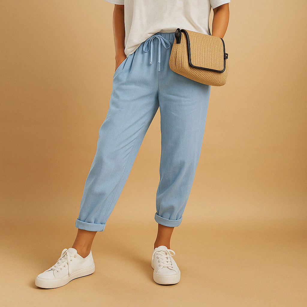 Women’s lightweight summer pants with breathable fabric and loose fit, available in beige, white, green, blue, and black. Perfect for warm days.