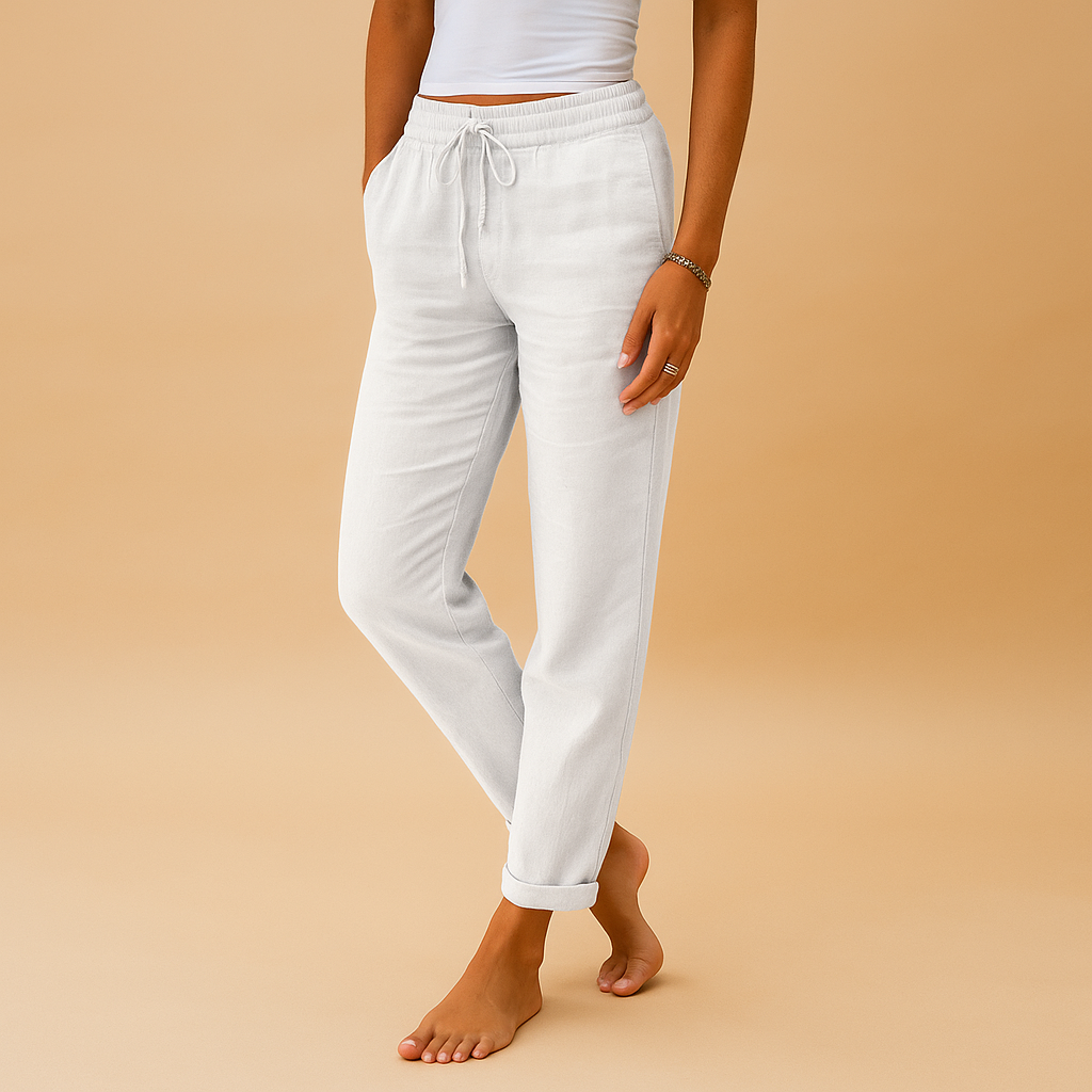 Women’s lightweight trousers with elastic waistband and feminine cut, designed with flowy fabric for casual wear or formal occasions.