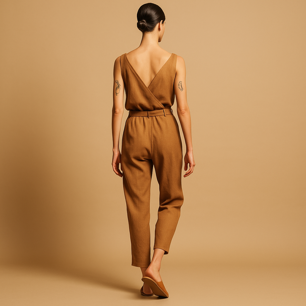 Women’s lightweight V-neck jumpsuit with adjustable waist and relaxed fit, perfect for summer days, beach trips, and casual outings.