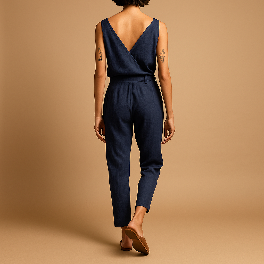 Women’s lightweight V-neck jumpsuit with adjustable waist and relaxed fit, perfect for summer days, beach trips, and casual outings.
