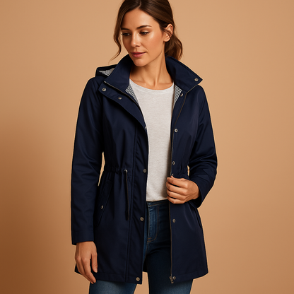Women’s lightweight windbreaker jacket with a removable hood, adjustable waist, and water-repellent design, suitable for everyday wear and outdoor activities.