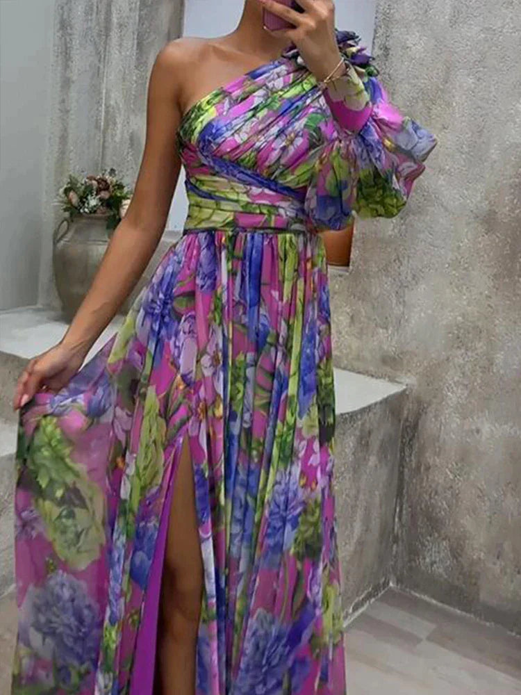 Flowy One Sleeve Printed Maxi Dress with Side Split - Pexav