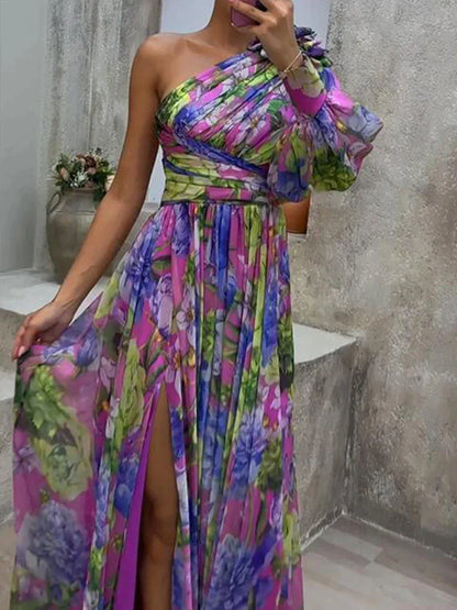 Flowy One Sleeve Printed Maxi Dress with Side Split - Pexav