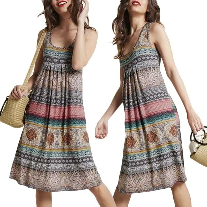 Image of Linda | Women's Sleeveless Printed Summer Knee Length Dress