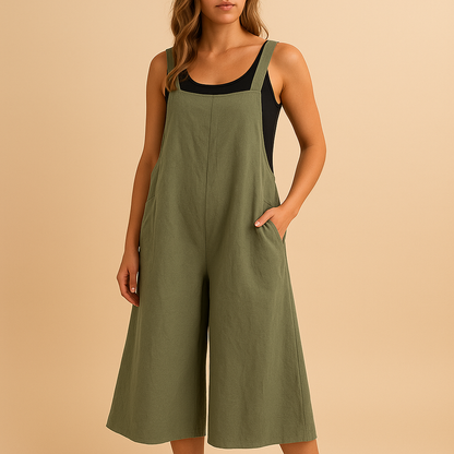 Women’s linen cotton summer jumpsuit with wide legs and loose fit, ideal for casual outings, lounging, and warm sunny days.