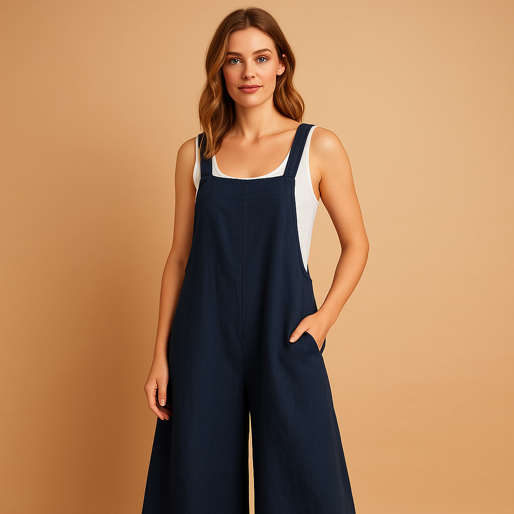 Women’s linen cotton summer jumpsuit with wide legs and loose fit, ideal for casual outings, lounging, and warm sunny days.
